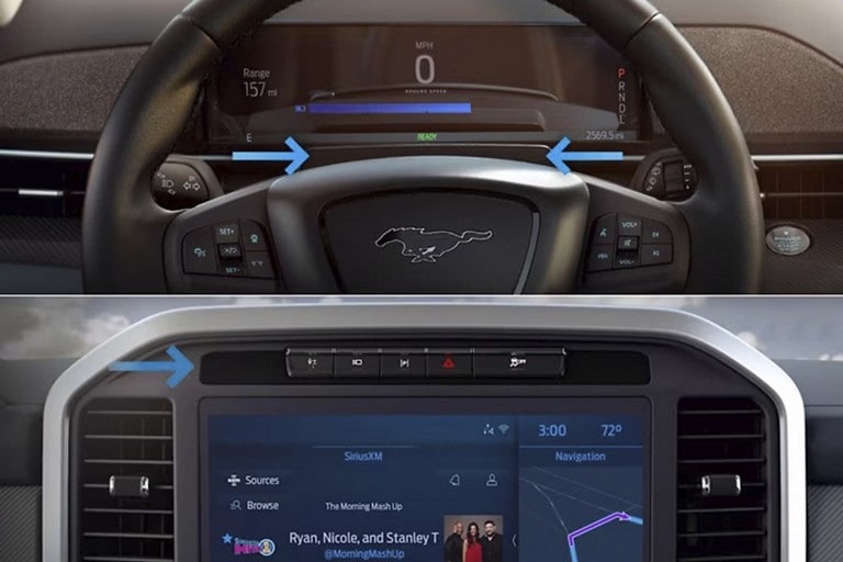 Split image, top image shows dashboard camera, bottom image shows center touchscreen.