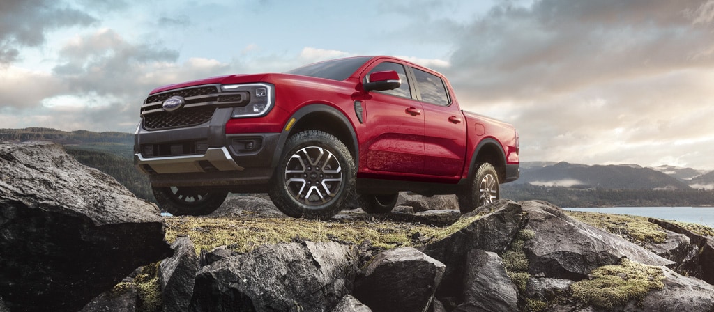 A red 2025 Ford Ranger® parked on a rocky hill