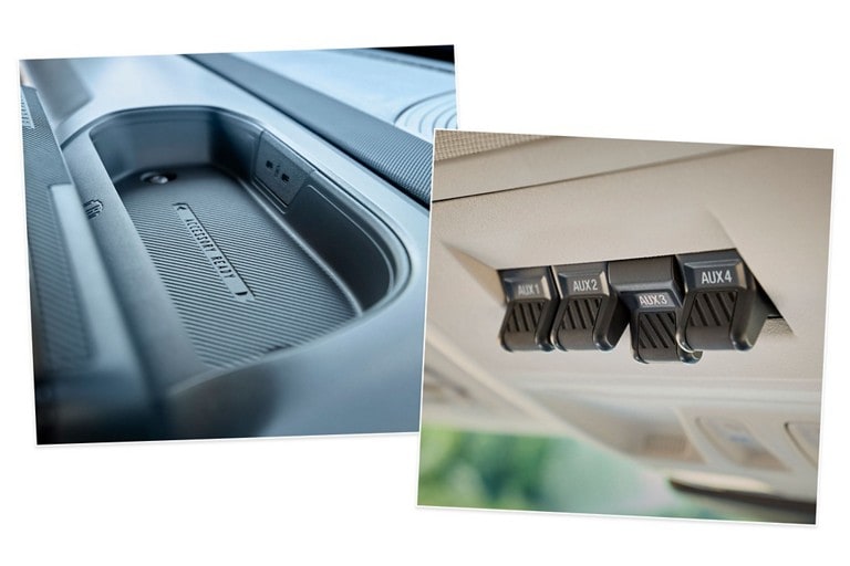 An accessory tray shown and aux switches shown inside a 2025 Ford Bronco® Sport